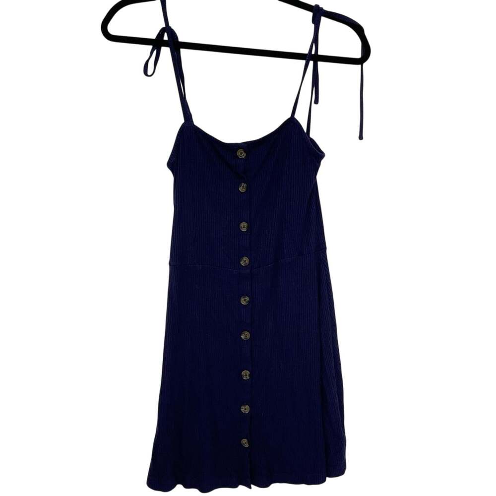 Topshop Blue Ribbed Tie Shoulder Button Down Dress Womens 2 Beachy Casual Mini